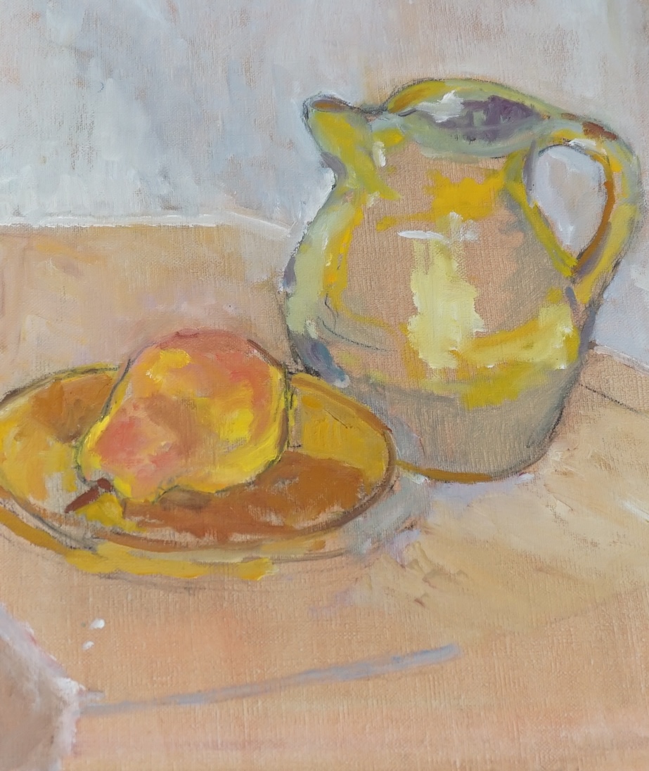 Gill Speirs, oil on canvas, still life of fruit and vessel, unsigned, 40 x 30cm unframed. Condition - good